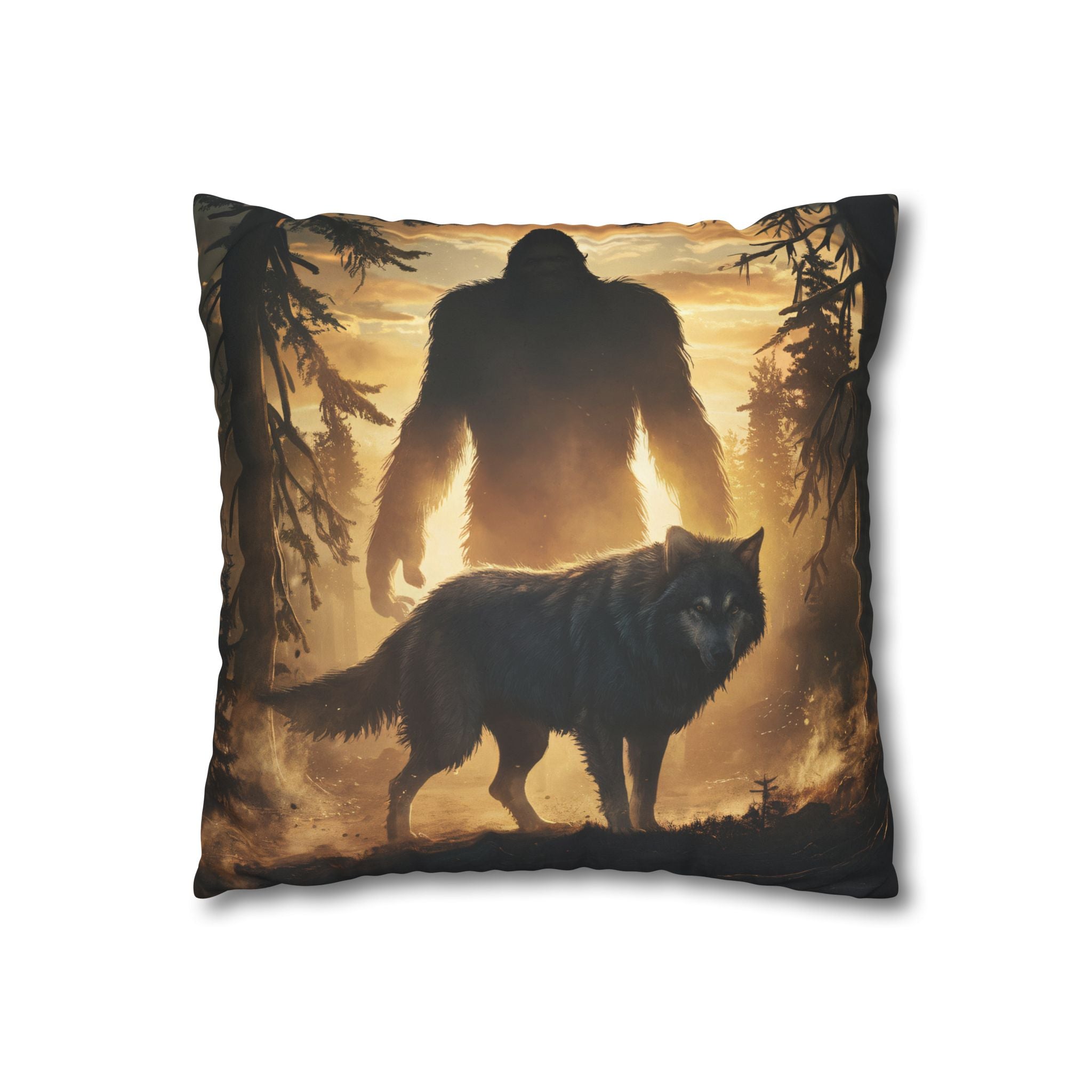 Bigfoot and Wolf Faux Suede Square Pillowcase — Rustic Woodland Accent Pillow