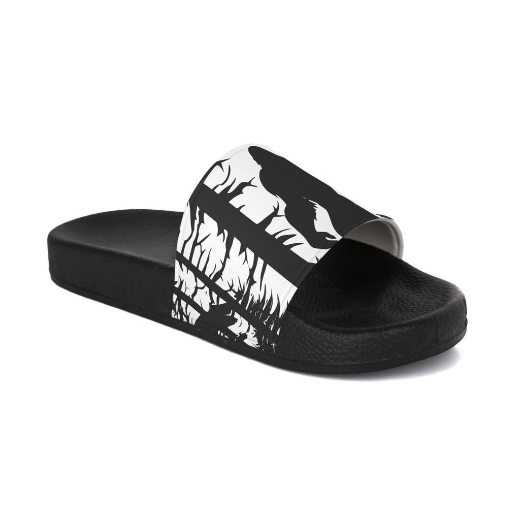 Bigfoot in the Woods Slide Sandals | Black and White Sasquatch Design