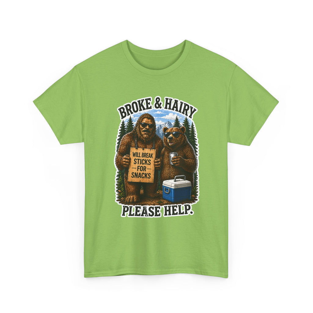 Broke and Harry Bigfoot and Bear Asking for Help T-Shirt | Cartoon Woodland Funny