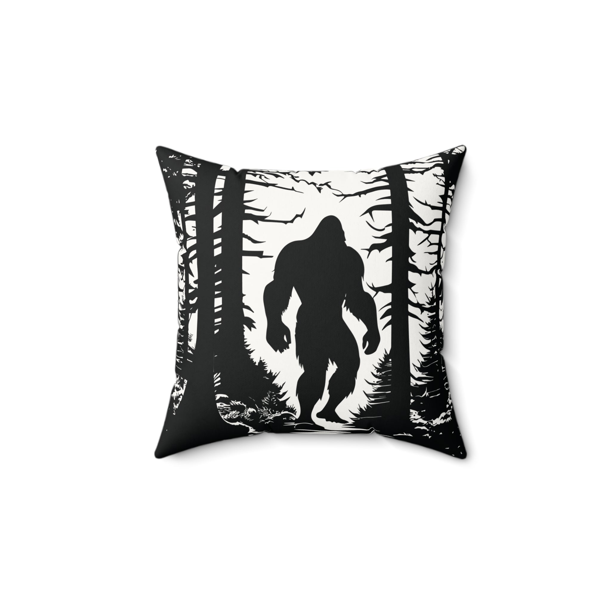 Bigfoot in Woods Faux Suede Square Pillow | Black and White