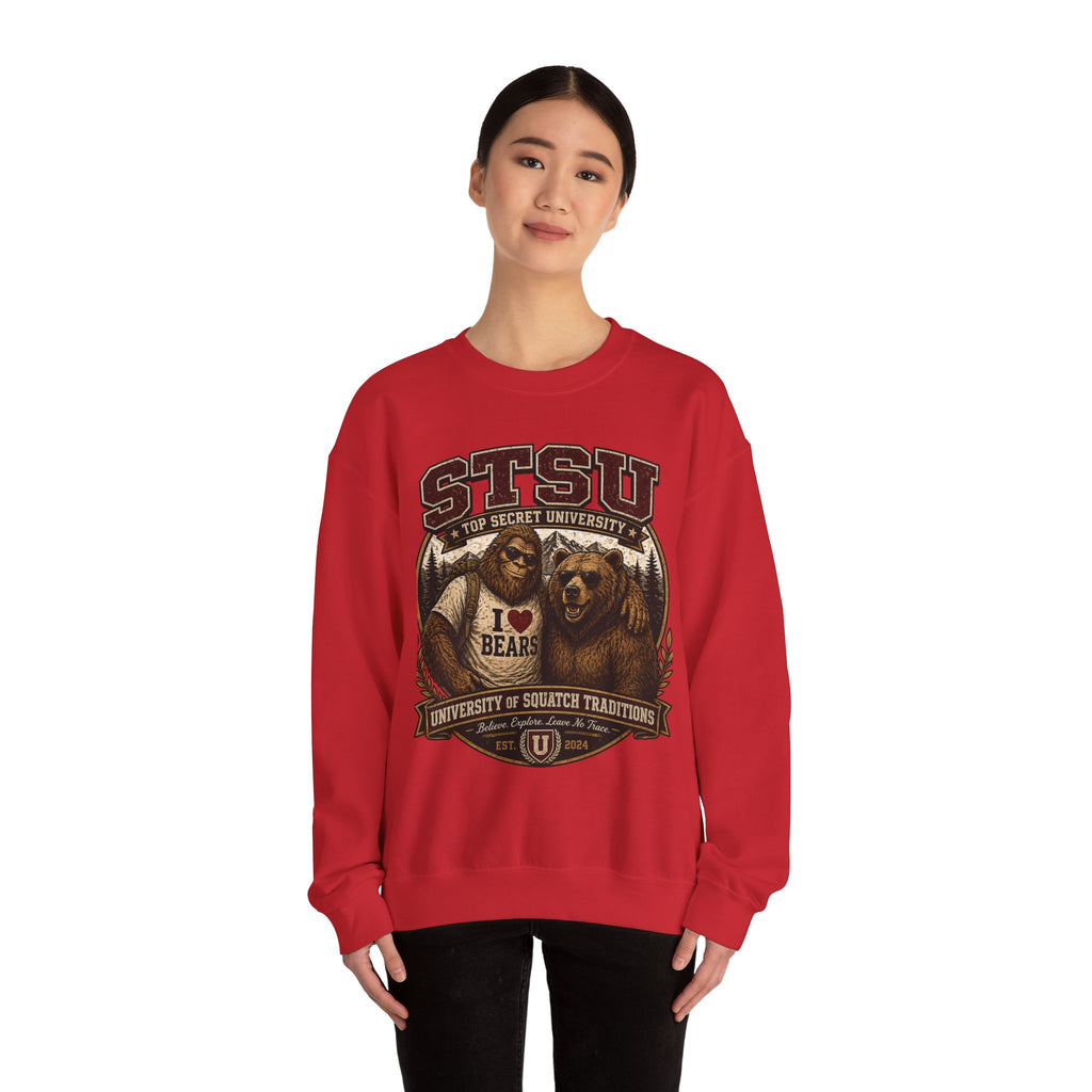 Squatchitis Top Secret University Bigfoot& Bear Crewneck Sweatshirt