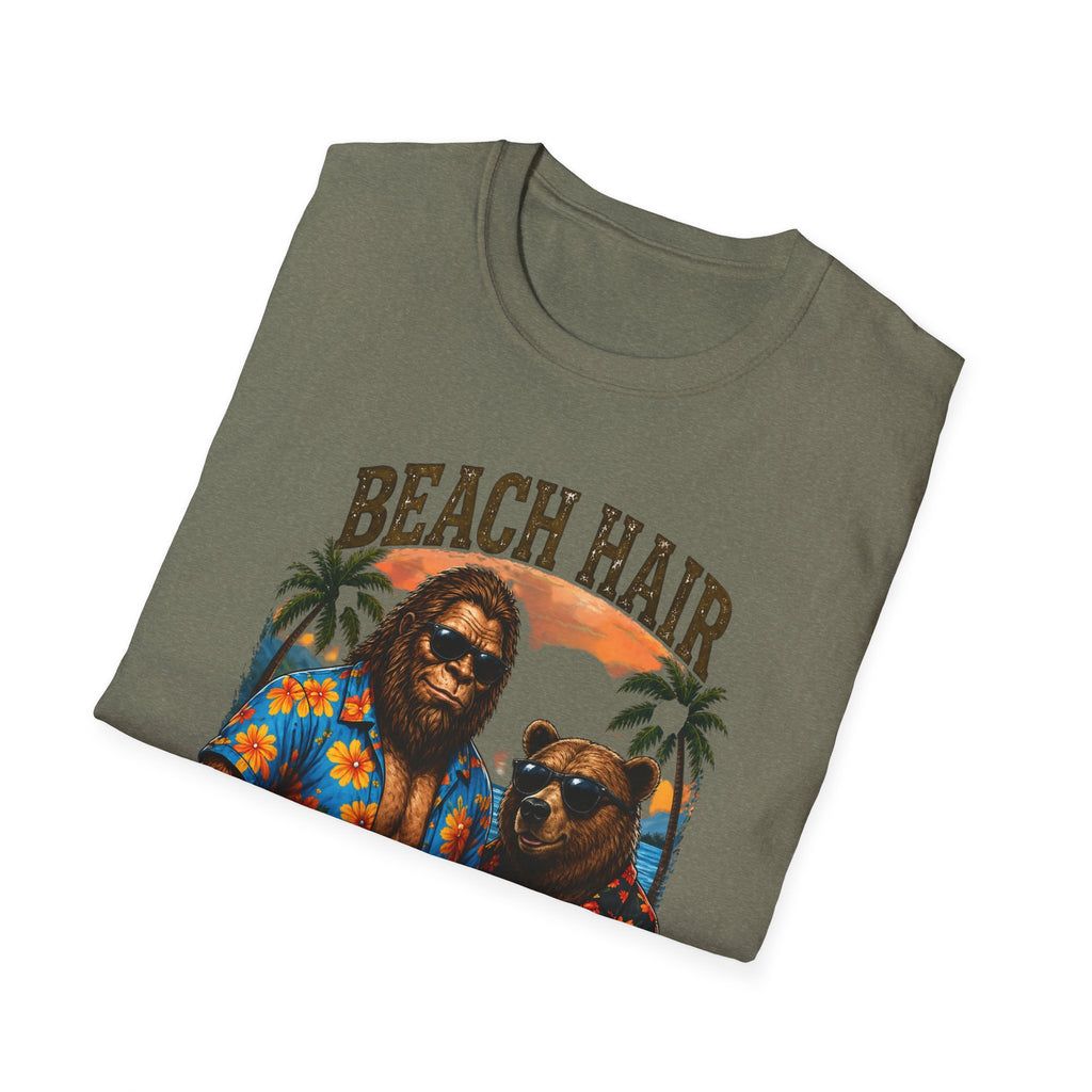 Bigfoot Beach Shirt T-Shirt — "Beach Hair Don't Care" with Hawaiian Bigfoot & Bear