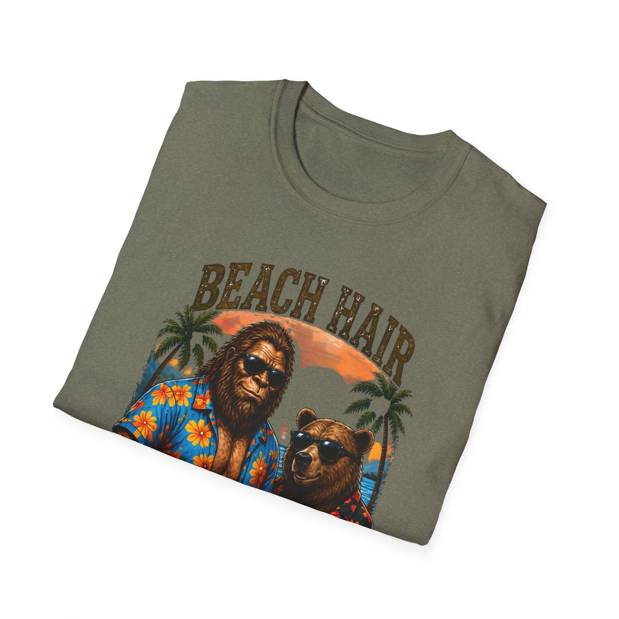 Bigfoot Beach Shirt T-Shirt — "Beach Hair Don't Care" with Hawaiian Bigfoot & Bear