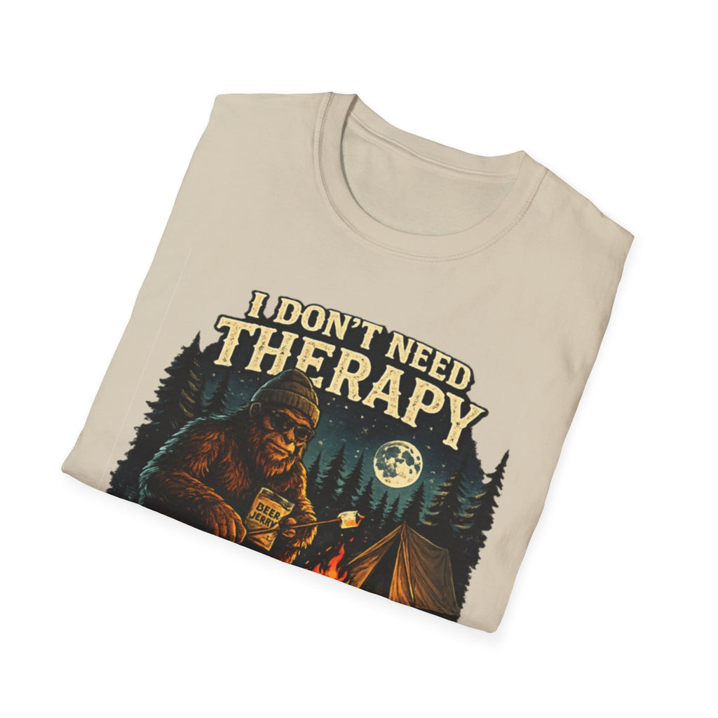 Bigfoot Camping T-Shirt — "I Don't Need Therapy, I Just Need to Go Camping"