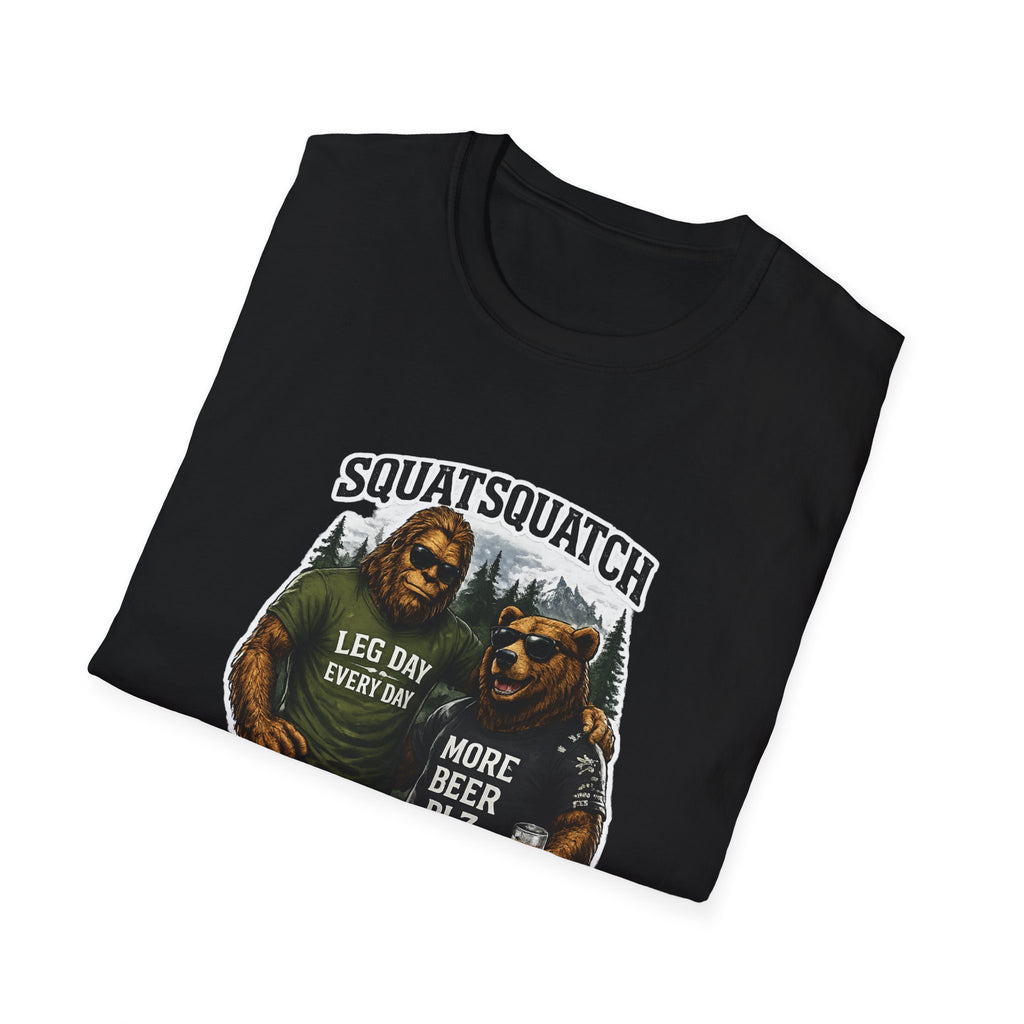 Bigfoot Leg Day T-Shirt — "Squat Squatch" Gym Humor with Beer Buddy