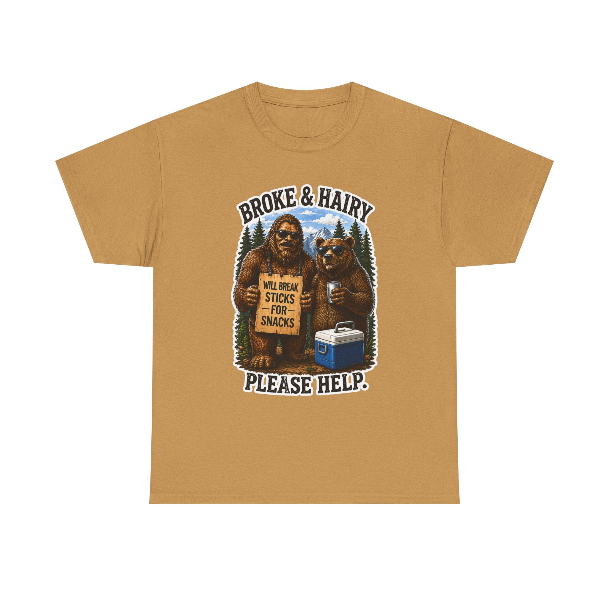 Broke and Harry Bigfoot and Bear Asking for Help T-Shirt | Cartoon Woodland Funny