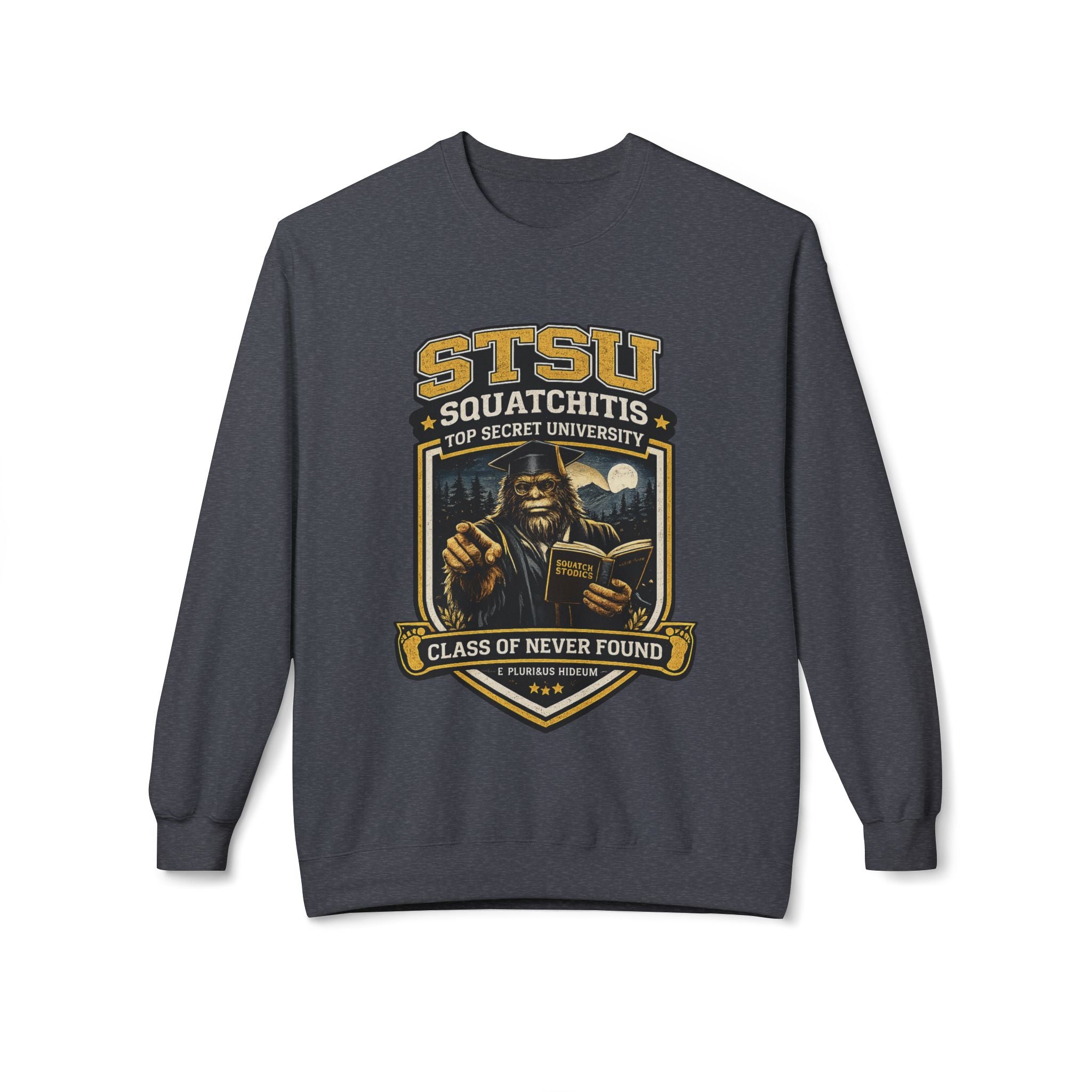 Squatchitis University Bigfoot in Cap and Gown Sweatshirt