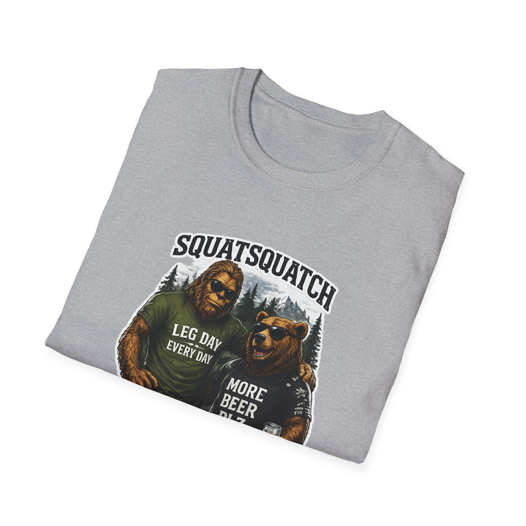 Bigfoot Leg Day T-Shirt — "Squat Squatch" Gym Humor with Beer Buddy