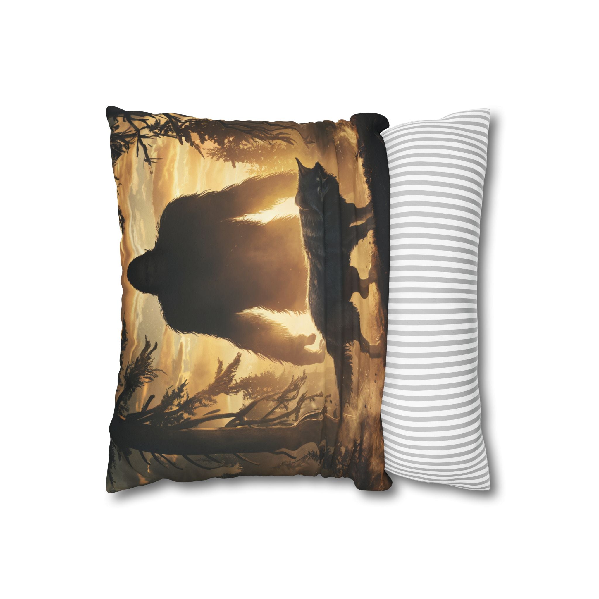 Bigfoot and Wolf Faux Suede Square Pillowcase — Rustic Woodland Accent Pillow