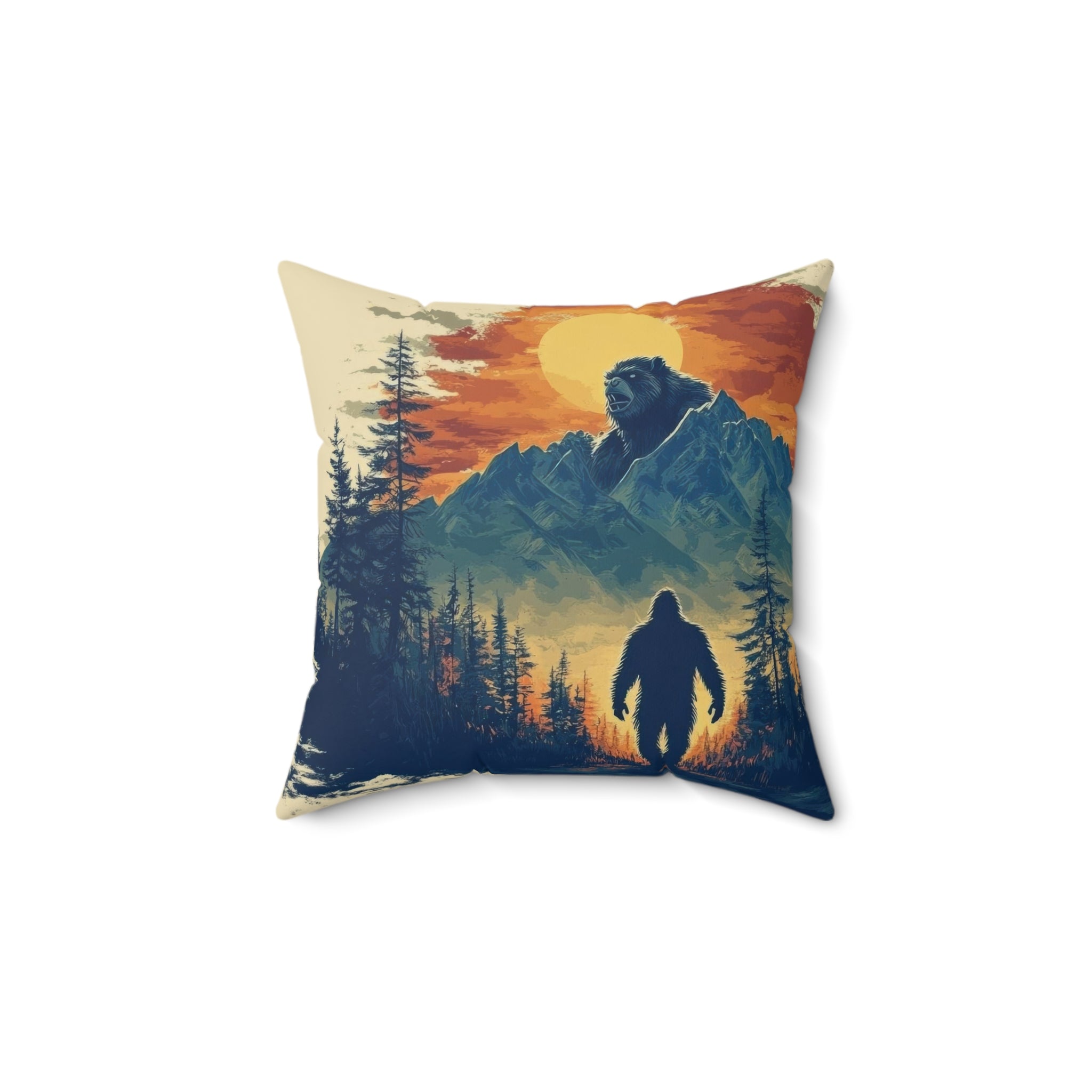Bigfoot Mountains Faux Suede Square Pillow | Sasquatch Mountain Scene Cushion