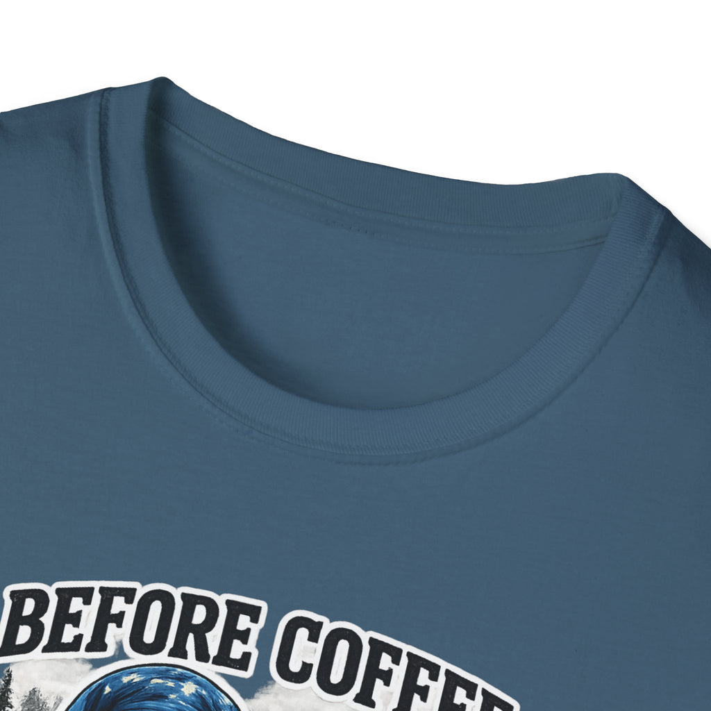 Bigfoot Holding Coffee T-Shirt — "Before Coffee We Are All Humans"