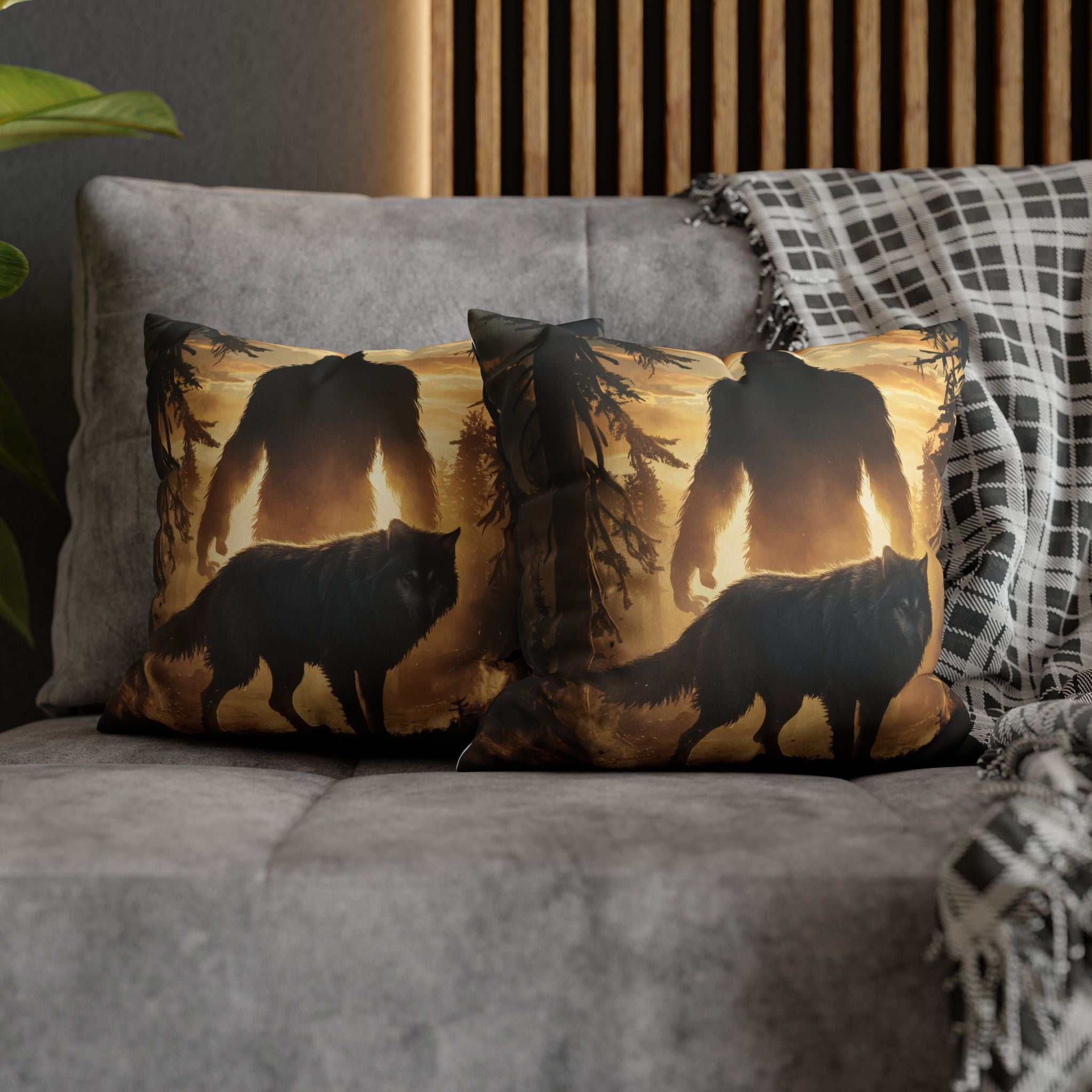 Bigfoot and Wolf Faux Suede Square Pillowcase — Rustic Woodland Accent Pillow