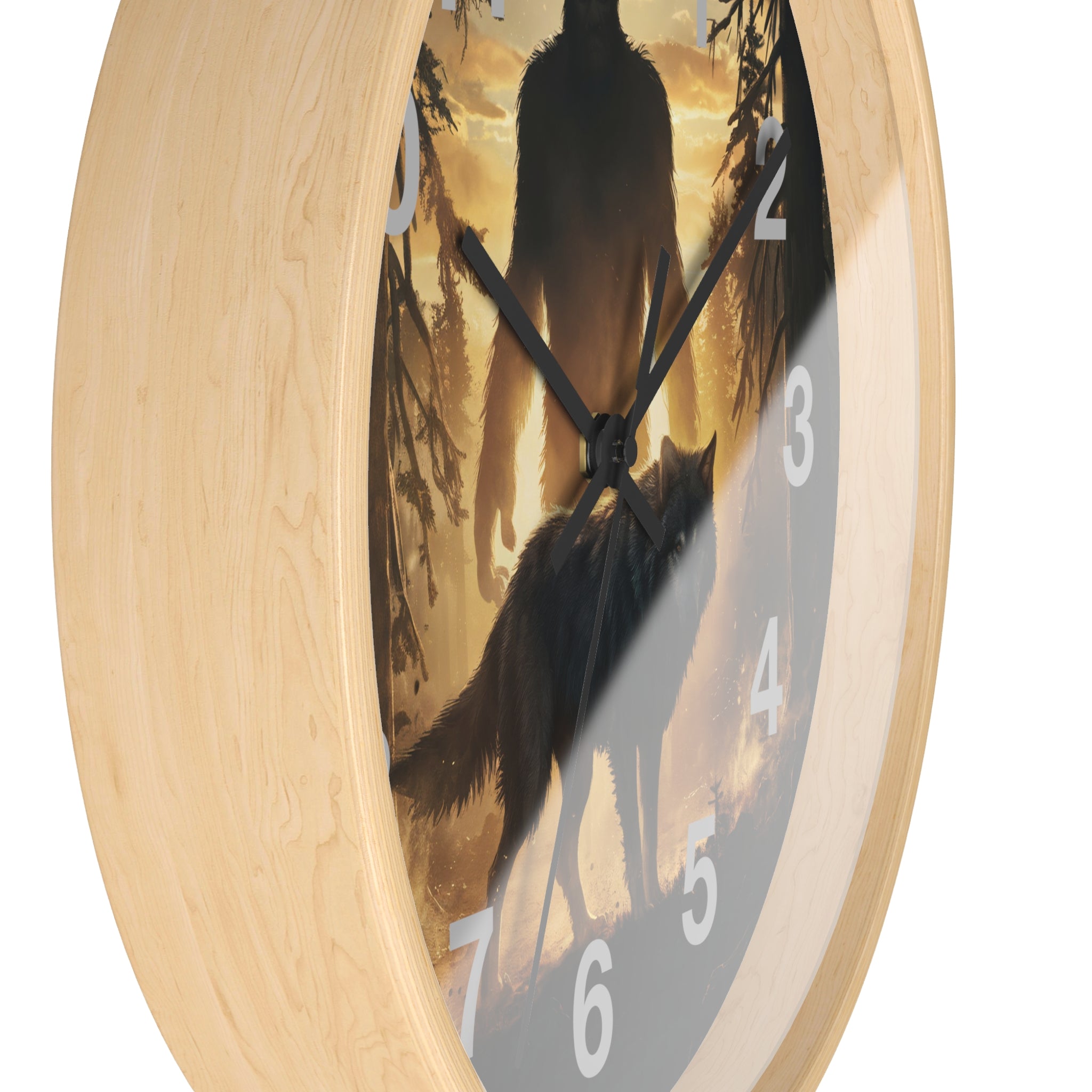 Bigfoot and Wolf Wall Clock — Rustic Cryptid Forest Clock