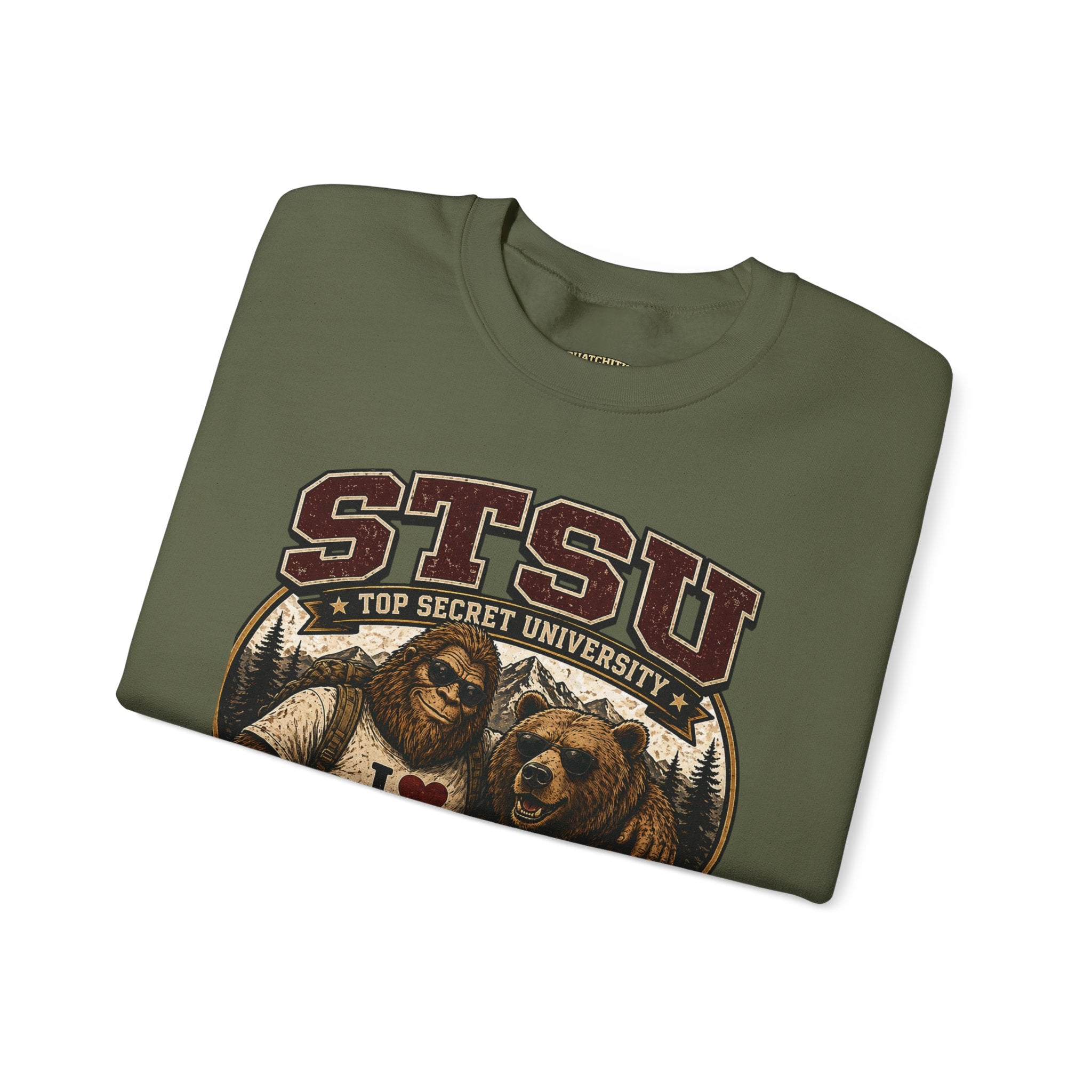 Squatchitis Top Secret University Bigfoot& Bear Crewneck Sweatshirt
