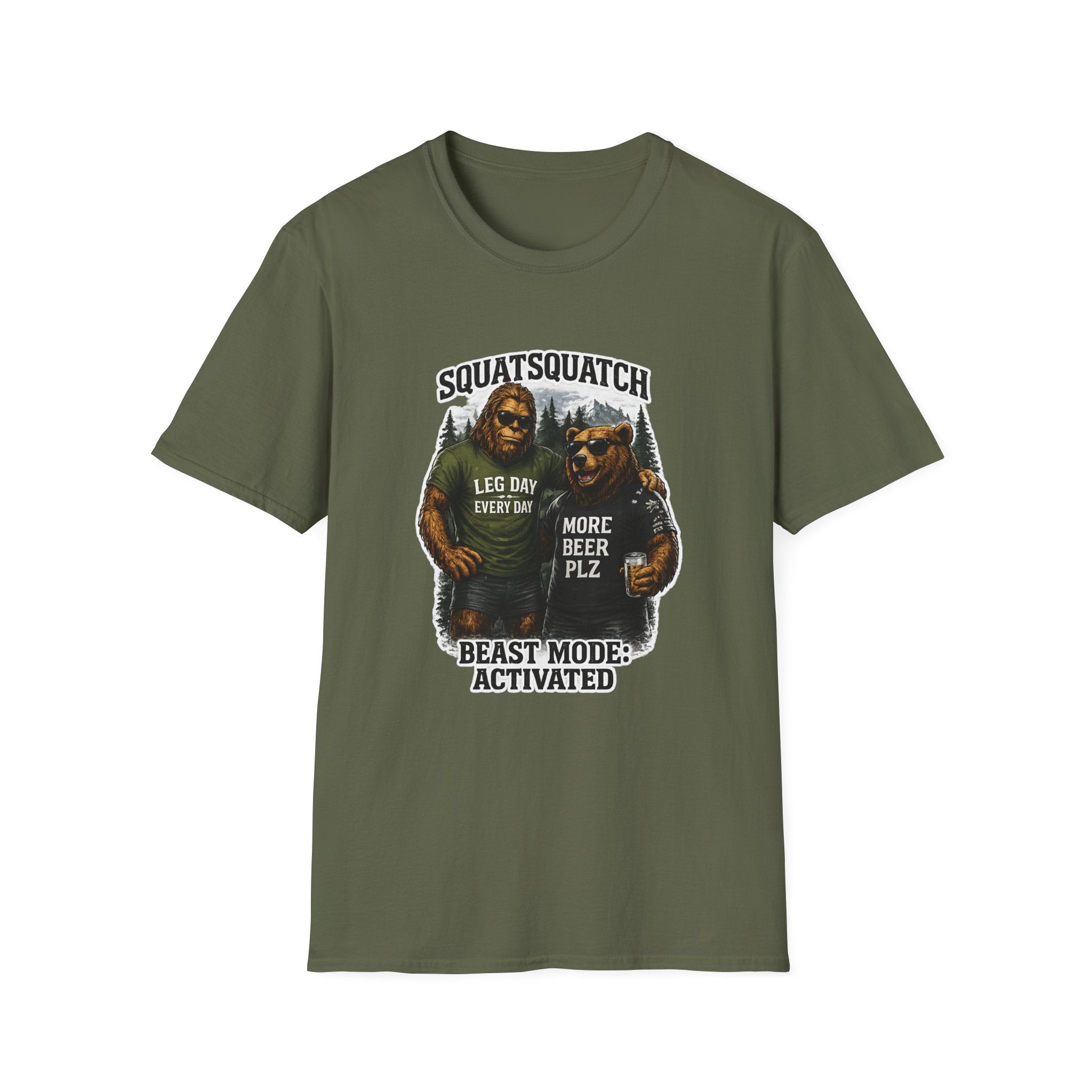 Bigfoot Leg Day T-Shirt — "Squat Squatch" Gym Humor with Beer Buddy
