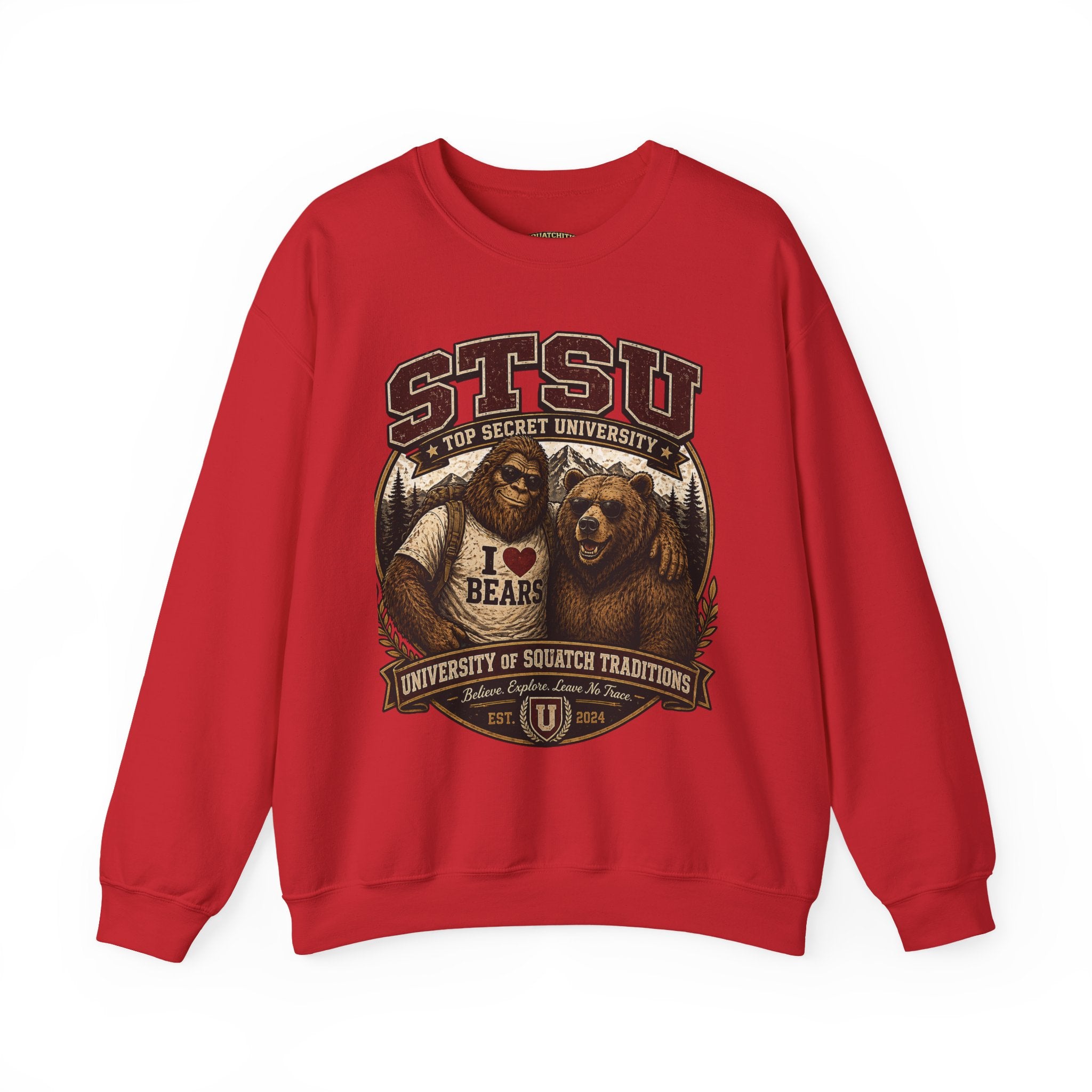 Squatchitis Top Secret University Bigfoot& Bear Crewneck Sweatshirt