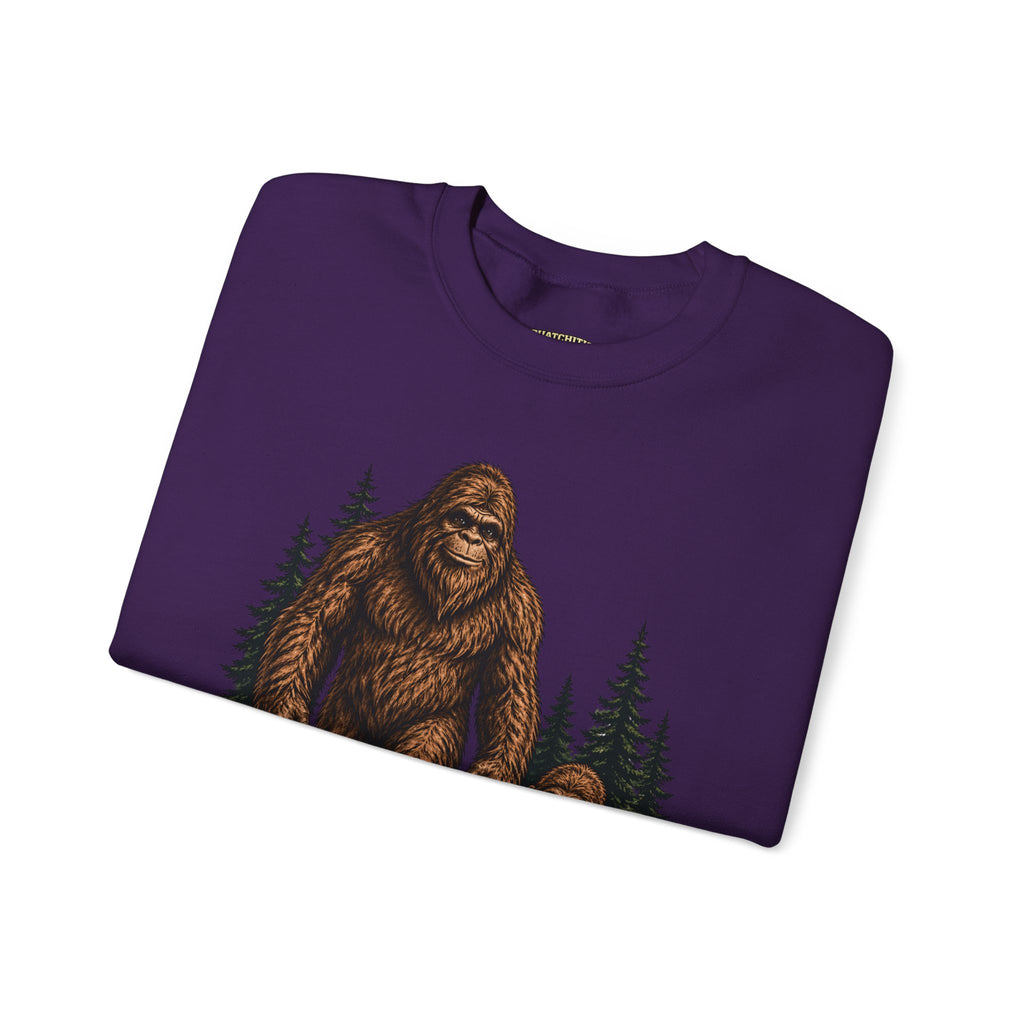Bigfoot and Boy Walking Through Woods Sweatshirt | Sasquatch Woodland Design