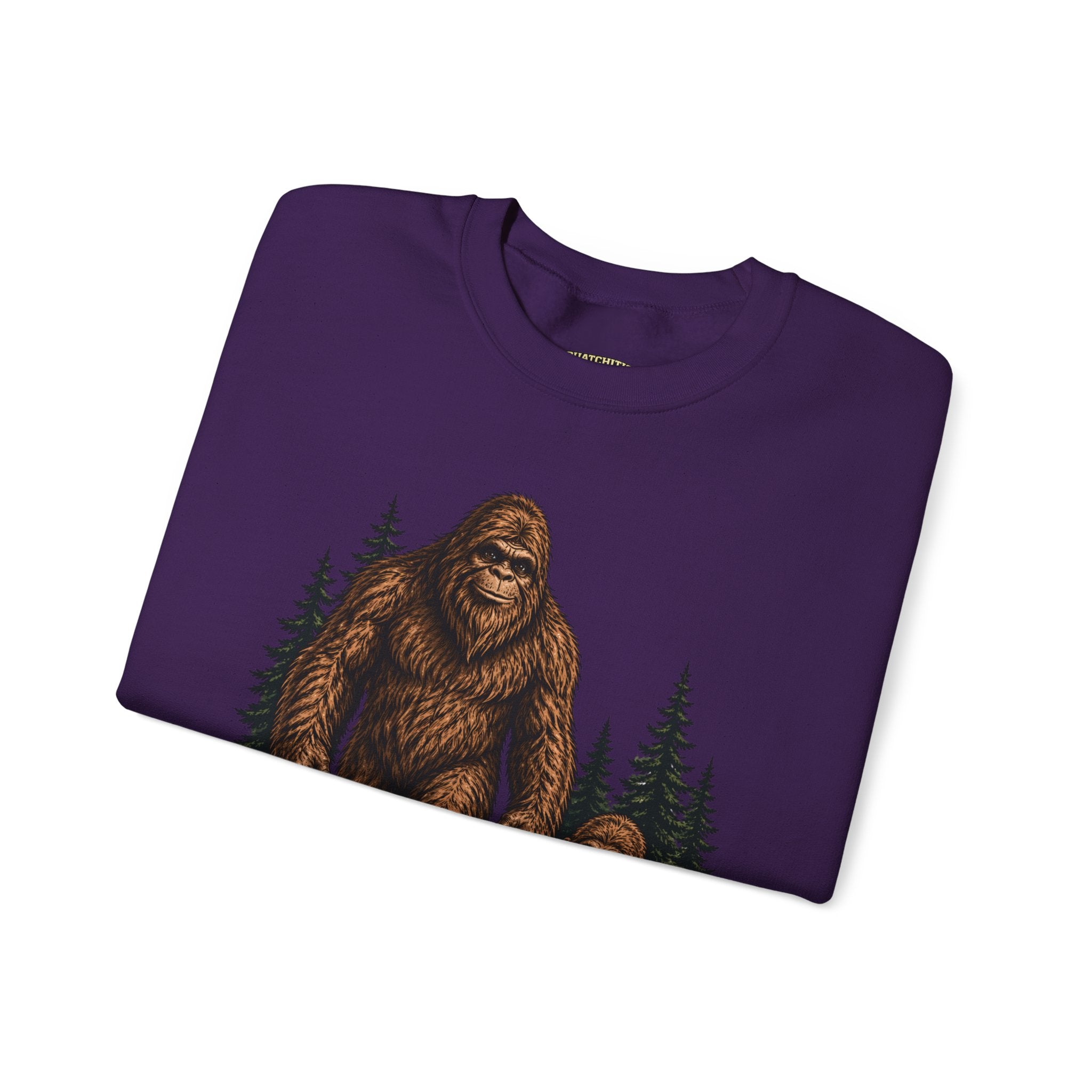 Bigfoot and Boy Walking Through Woods Sweatshirt | Sasquatch Woodland Design