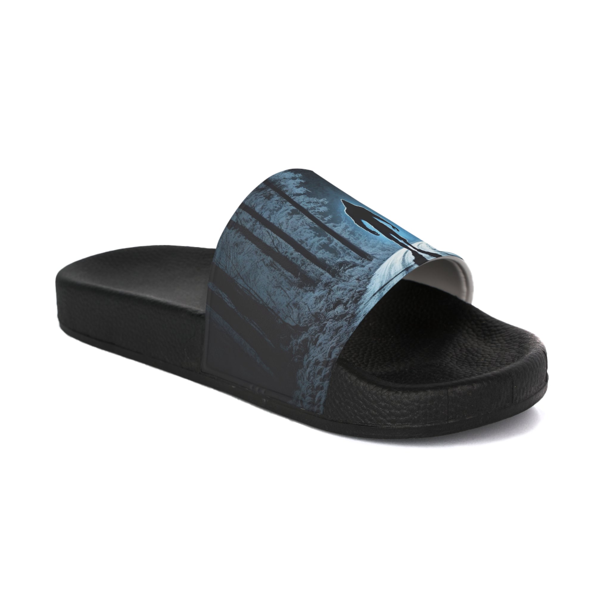 Bigfoot Moonlight Walk Men's Slide Sandals | Sasquatch Woodland Silhouette