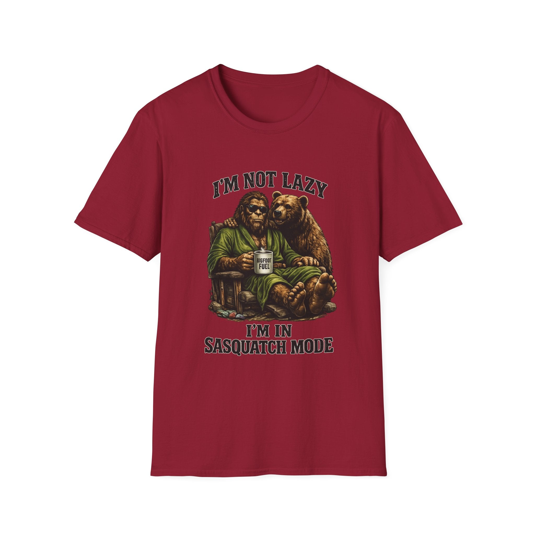 Squatch Mode Bigfoot with Coffee T-Shirt | Sasquatch Sitting with Bear Buddy