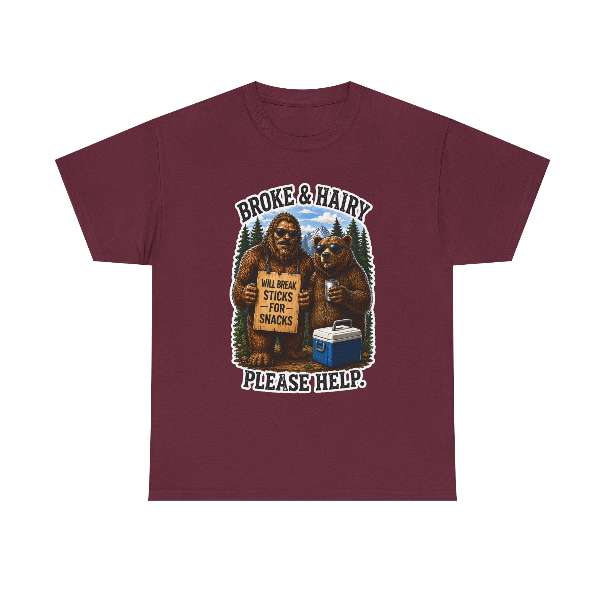 Broke and Harry Bigfoot and Bear Asking for Help T-Shirt | Cartoon Woodland Funny