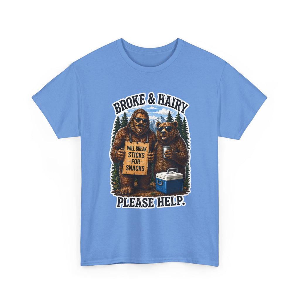 Broke and Harry Bigfoot and Bear Asking for Help T-Shirt | Cartoon Woodland Funny