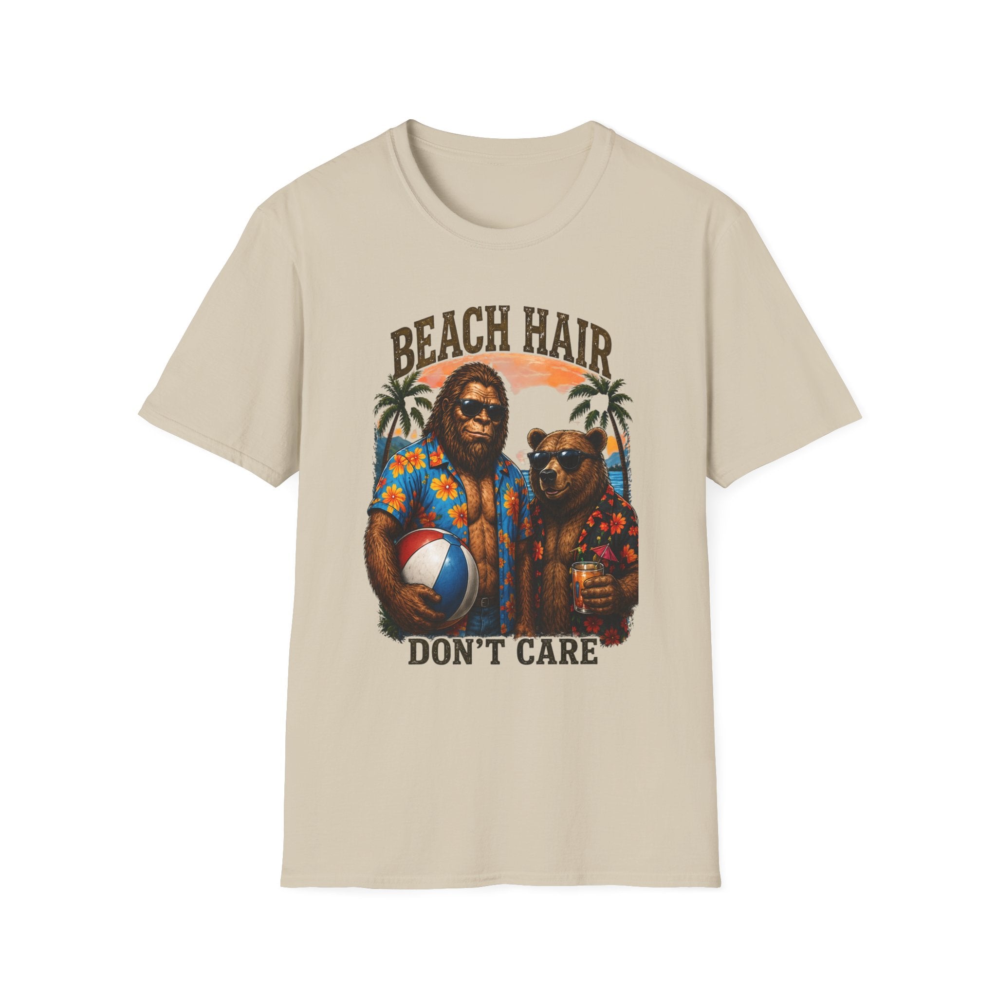 Bigfoot Beach Shirt T-Shirt — "Beach Hair Don't Care" with Hawaiian Bigfoot & Bear