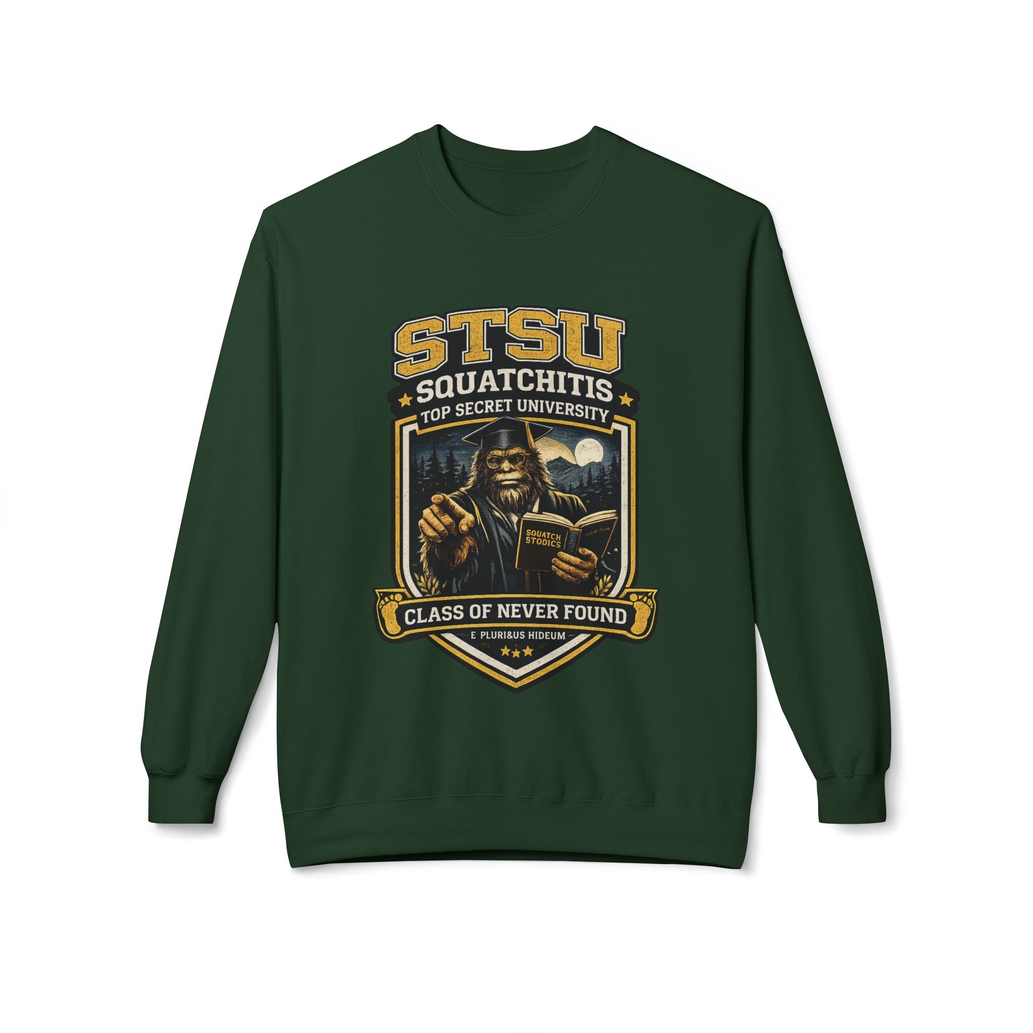 Squatchitis University Bigfoot in Cap and Gown Sweatshirt