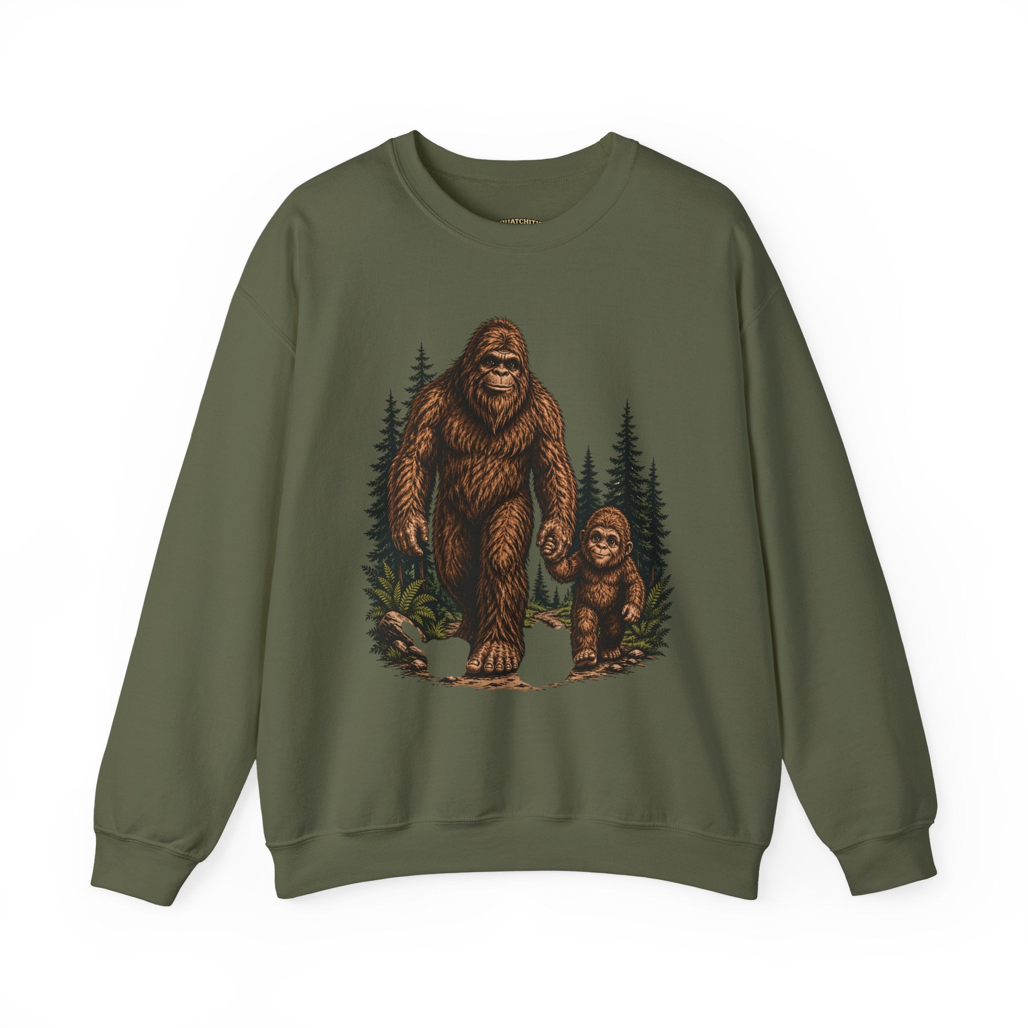 Bigfoot and Boy Walking Through Woods Sweatshirt | Sasquatch Woodland Design