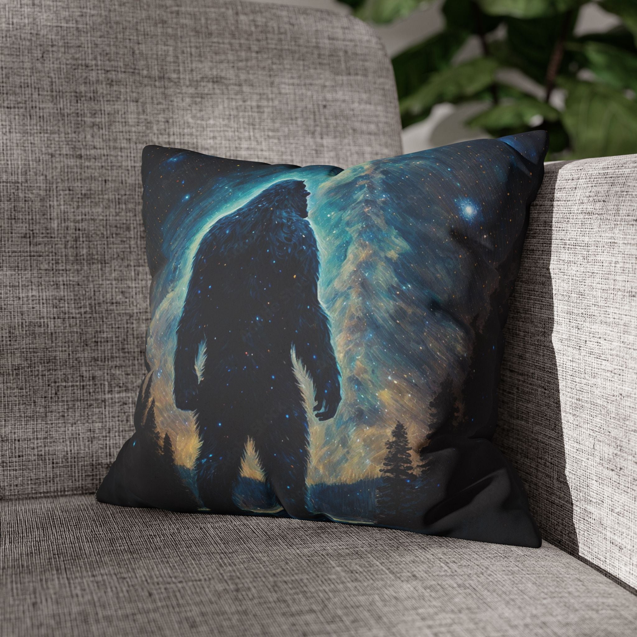 Bigfoot Moonlight Faux Suede Square Pillowcase — Glowing Stars & Moon Design