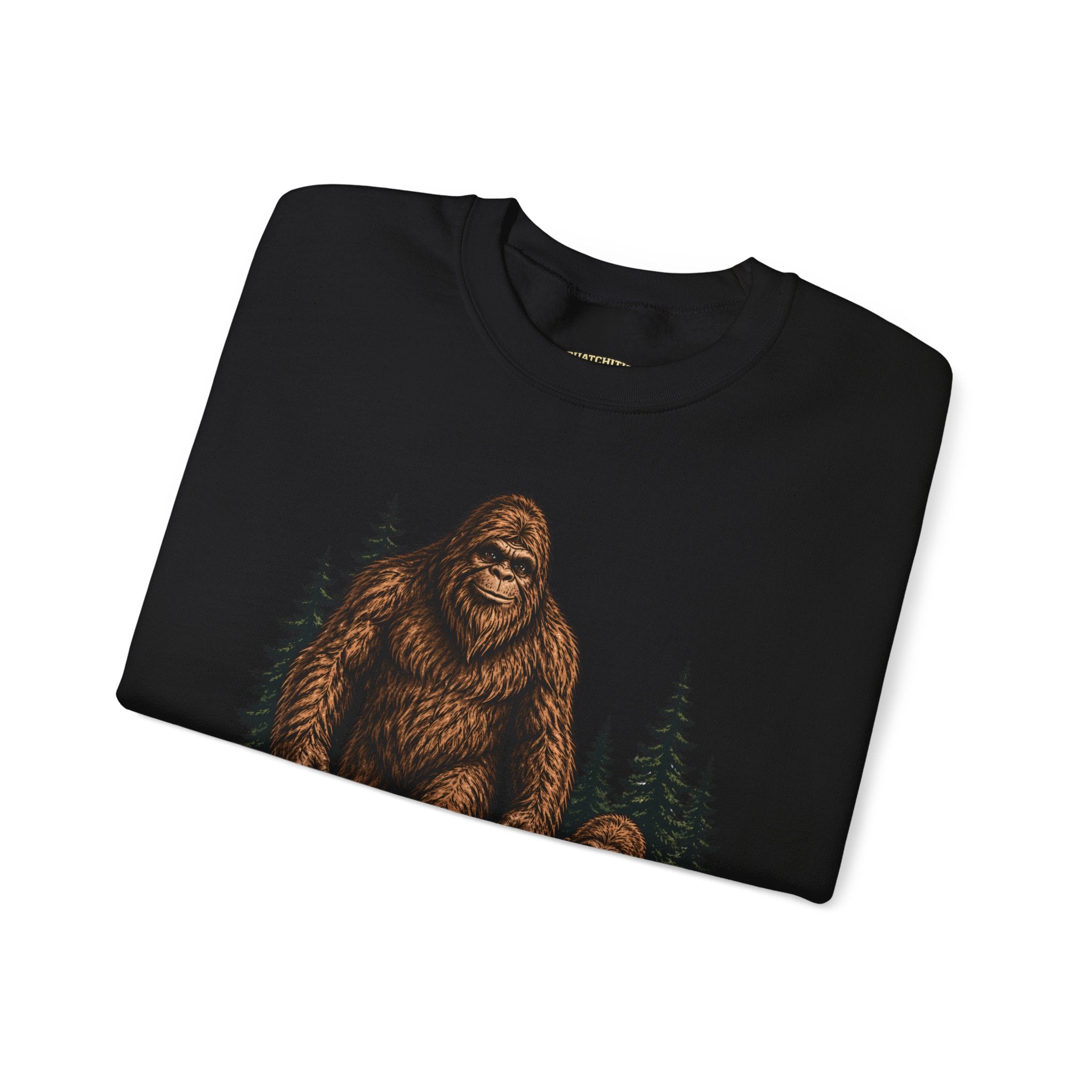 Bigfoot and Boy Walking Through Woods Sweatshirt | Sasquatch Woodland Design