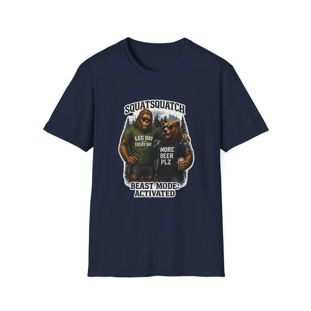 Bigfoot Leg Day T-Shirt — "Squat Squatch" Gym Humor with Beer Buddy