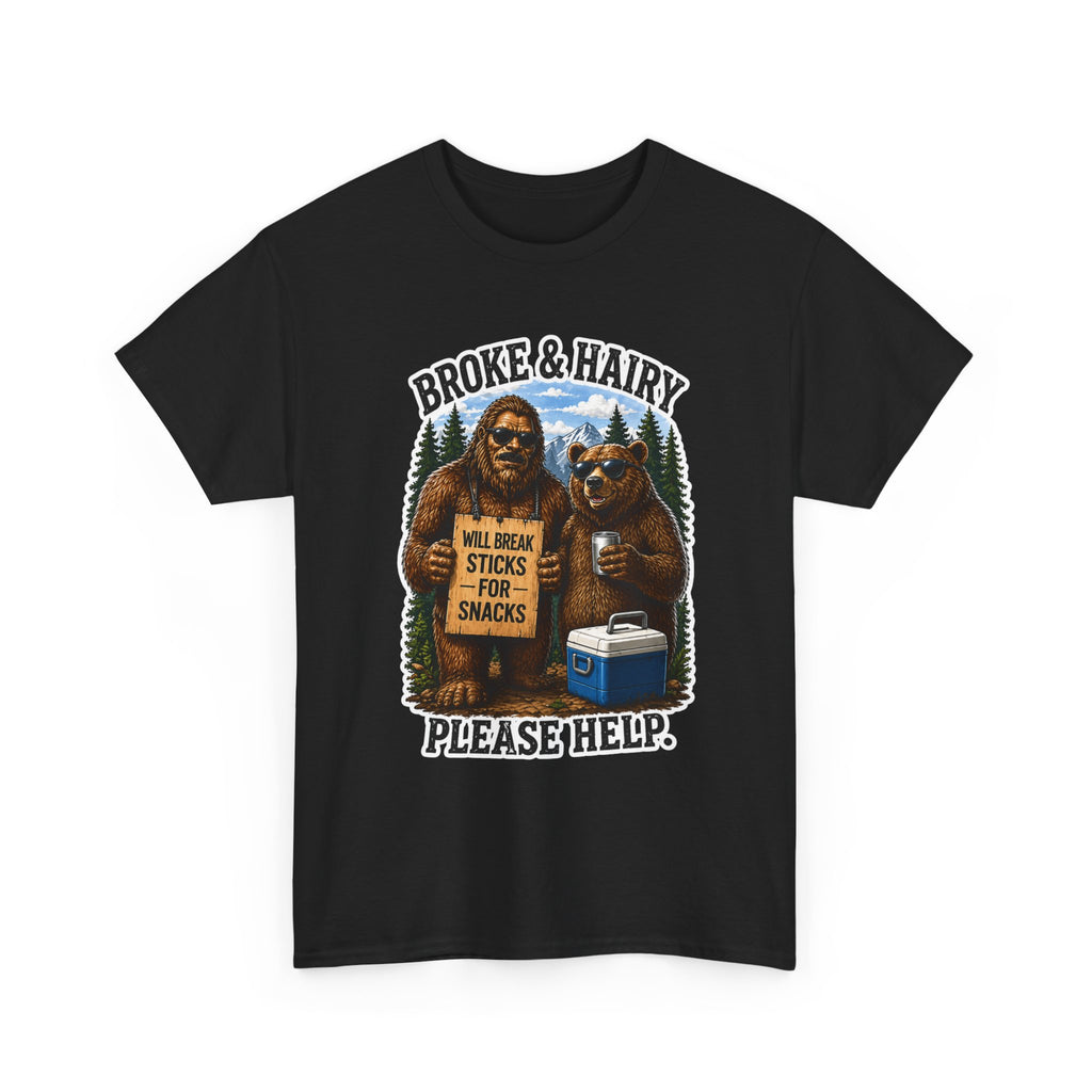 Broke and Harry Bigfoot and Bear Asking for Help T-Shirt | Cartoon Woodland Funny