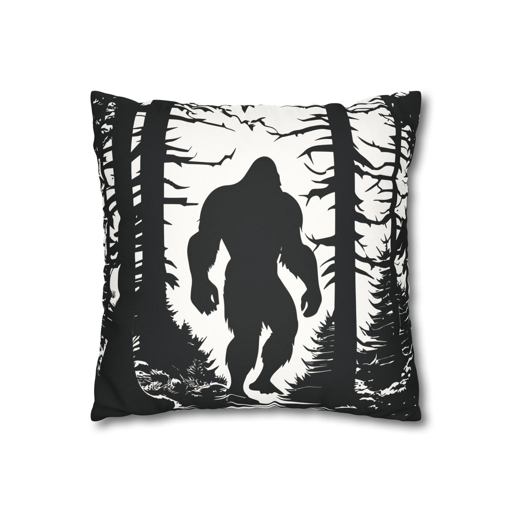 Bigfoot in Woods Faux Suede Square Pillowcase — Black & White Cryptid Throw Pillow