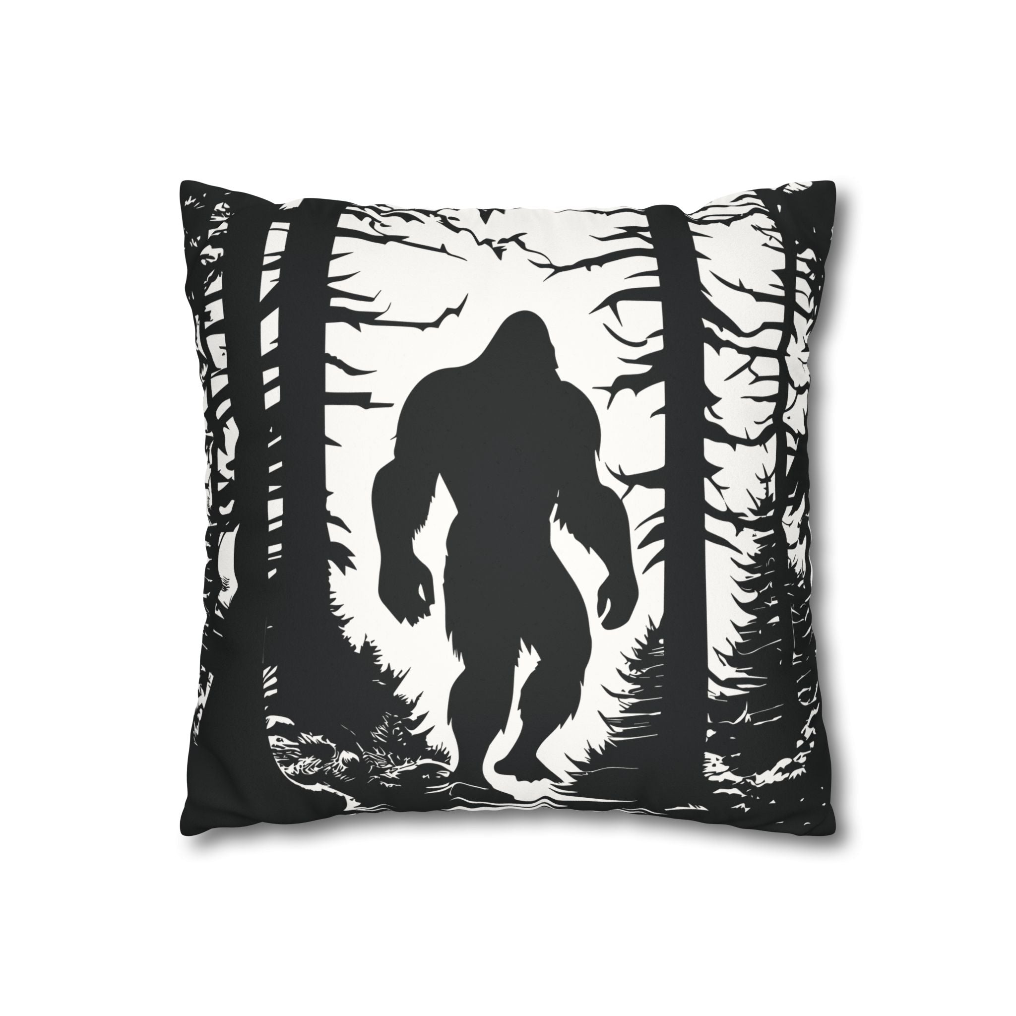 Bigfoot in Woods Faux Suede Square Pillowcase — Black & White Cryptid Throw Pillow