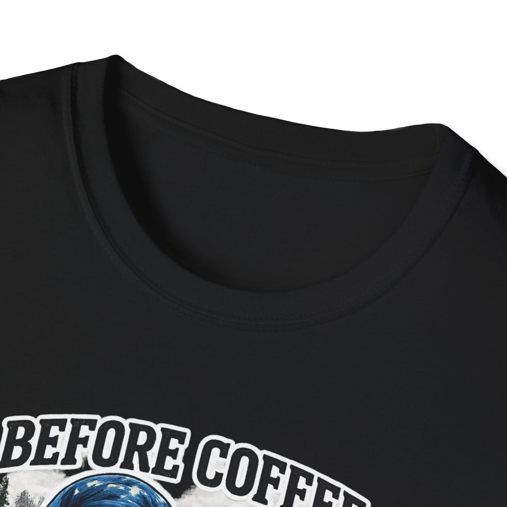 Bigfoot Holding Coffee T-Shirt — "Before Coffee We Are All Humans"