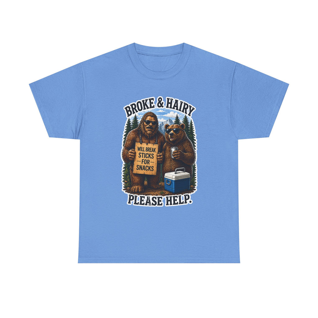 Broke and Harry Bigfoot and Bear Asking for Help T-Shirt | Cartoon Woodland Funny