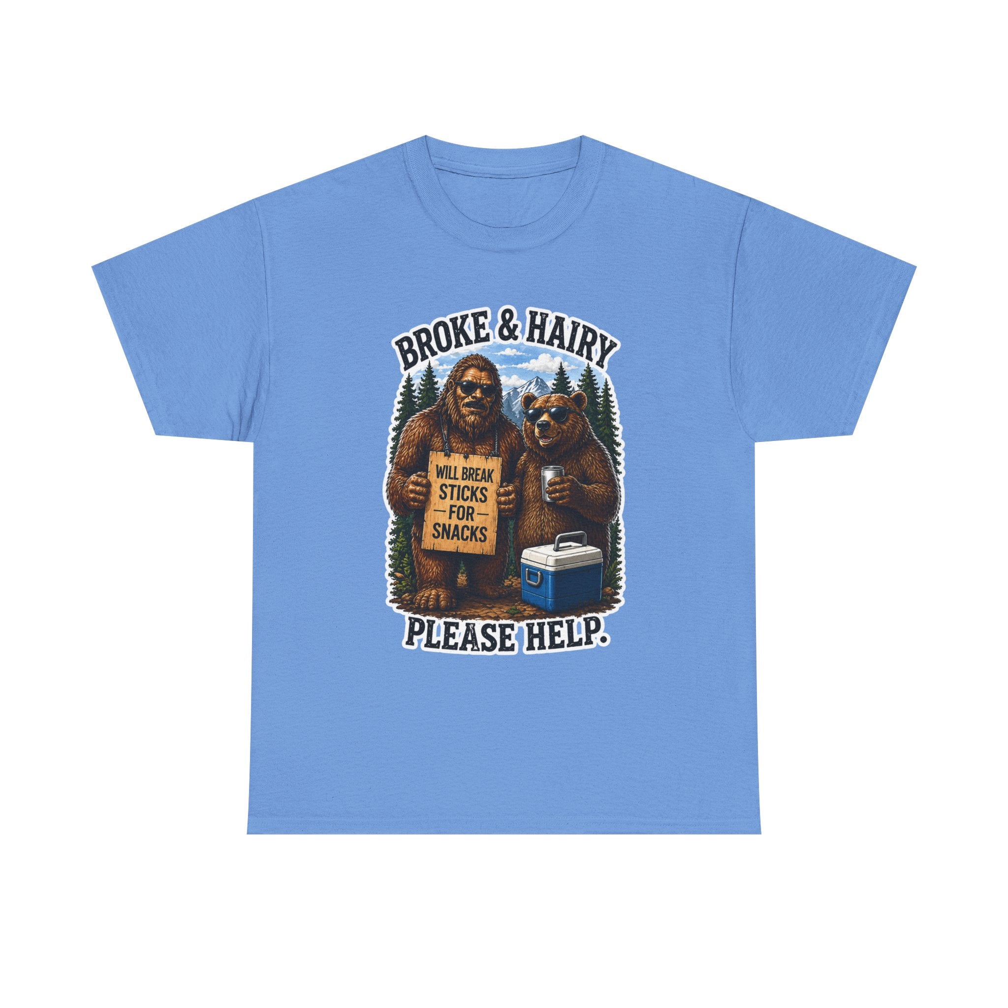 Broke and Harry Bigfoot and Bear Asking for Help T-Shirt | Cartoon Woodland Funny