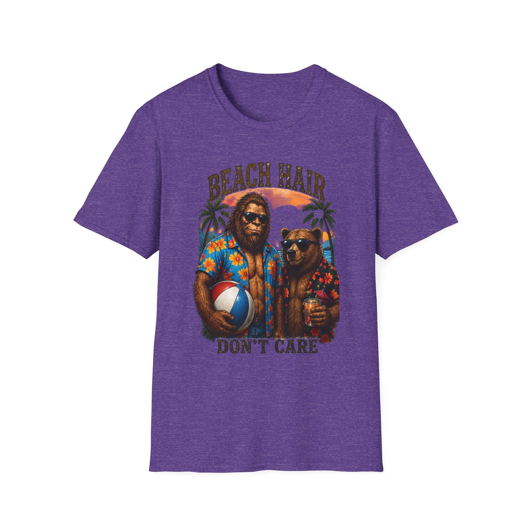 Bigfoot Beach Shirt T-Shirt — "Beach Hair Don't Care" with Hawaiian Bigfoot & Bear