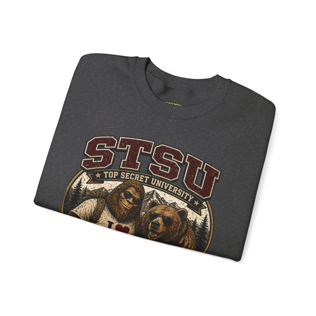 Squatchitis Top Secret University Bigfoot& Bear Crewneck Sweatshirt