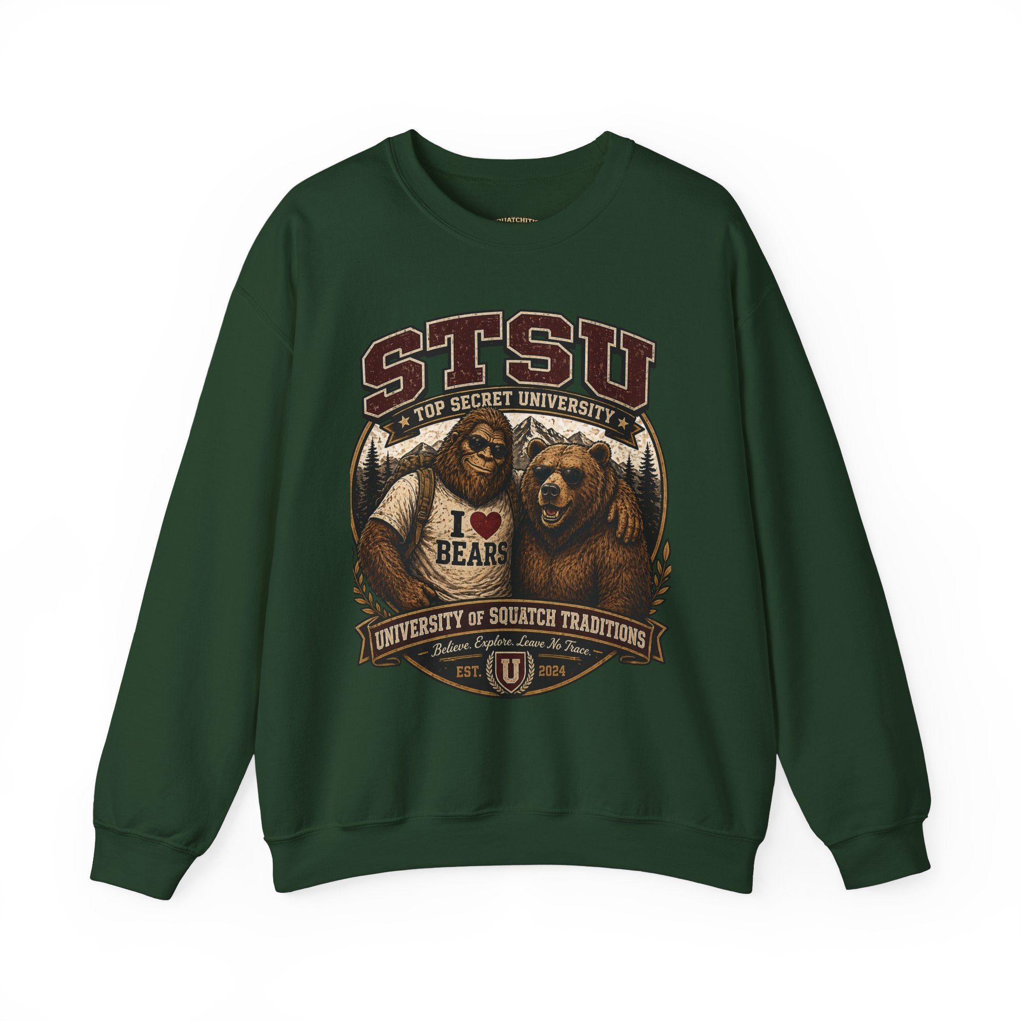 Squatchitis Top Secret University Bigfoot& Bear Crewneck Sweatshirt