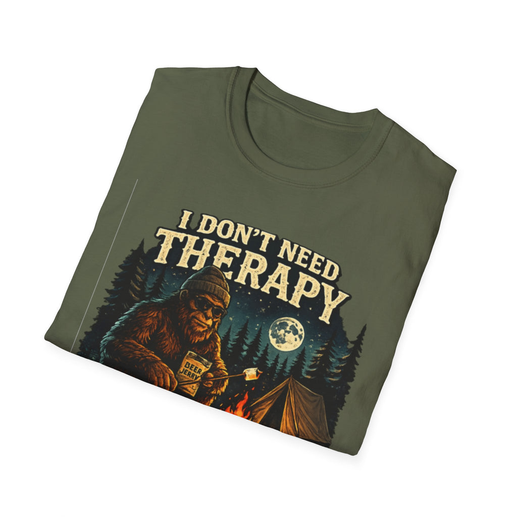 Bigfoot Camping T-Shirt — "I Don't Need Therapy, I Just Need to Go Camping"