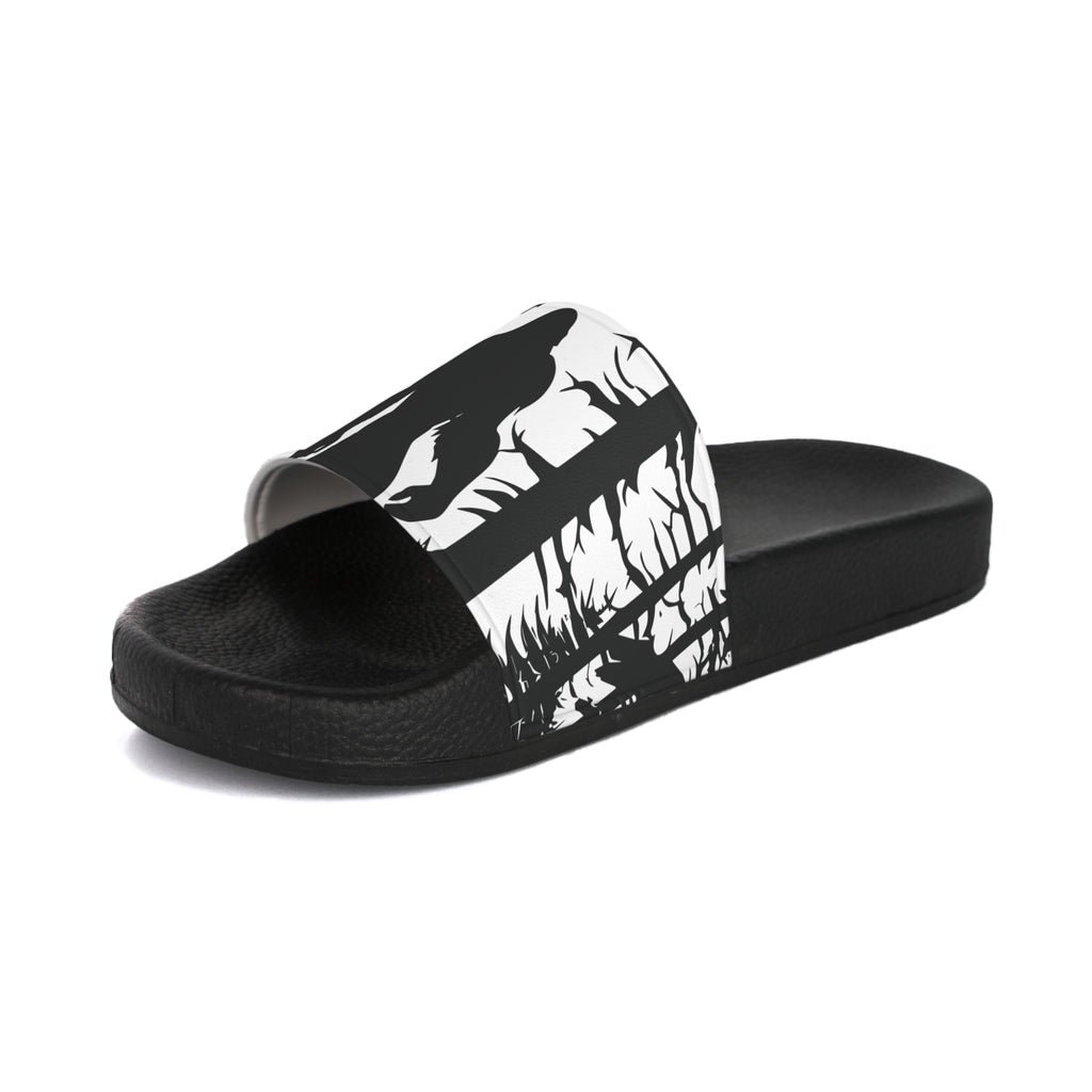 Bigfoot in the Woods Slide Sandals | Black and White Sasquatch Design