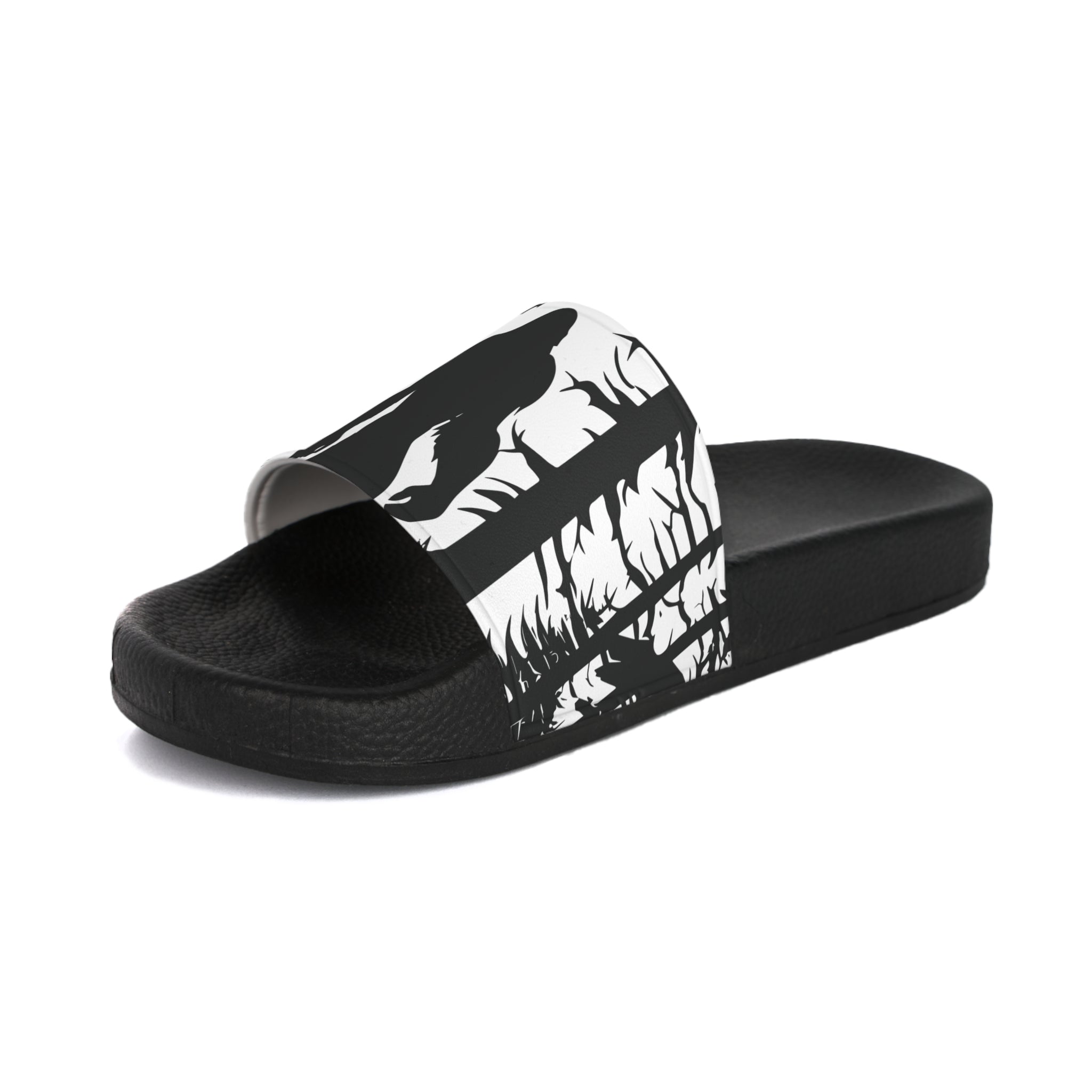 Bigfoot in the Woods Slide Sandals | Black and White Sasquatch Design