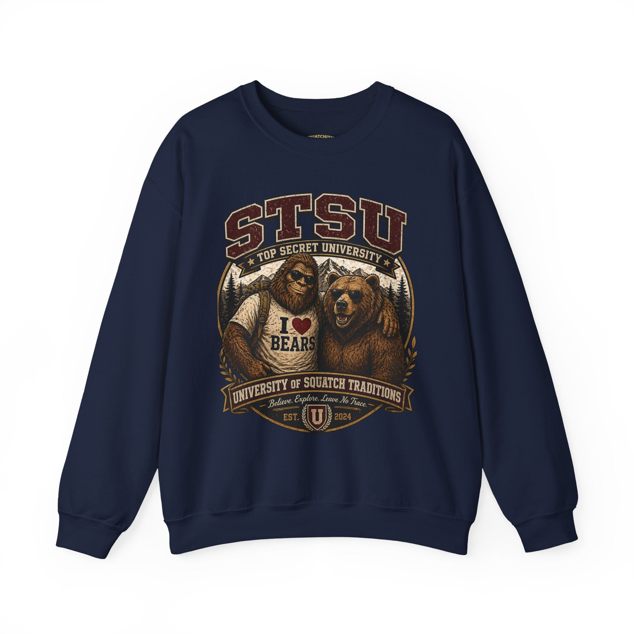 Squatchitis Top Secret University Bigfoot& Bear Crewneck Sweatshirt