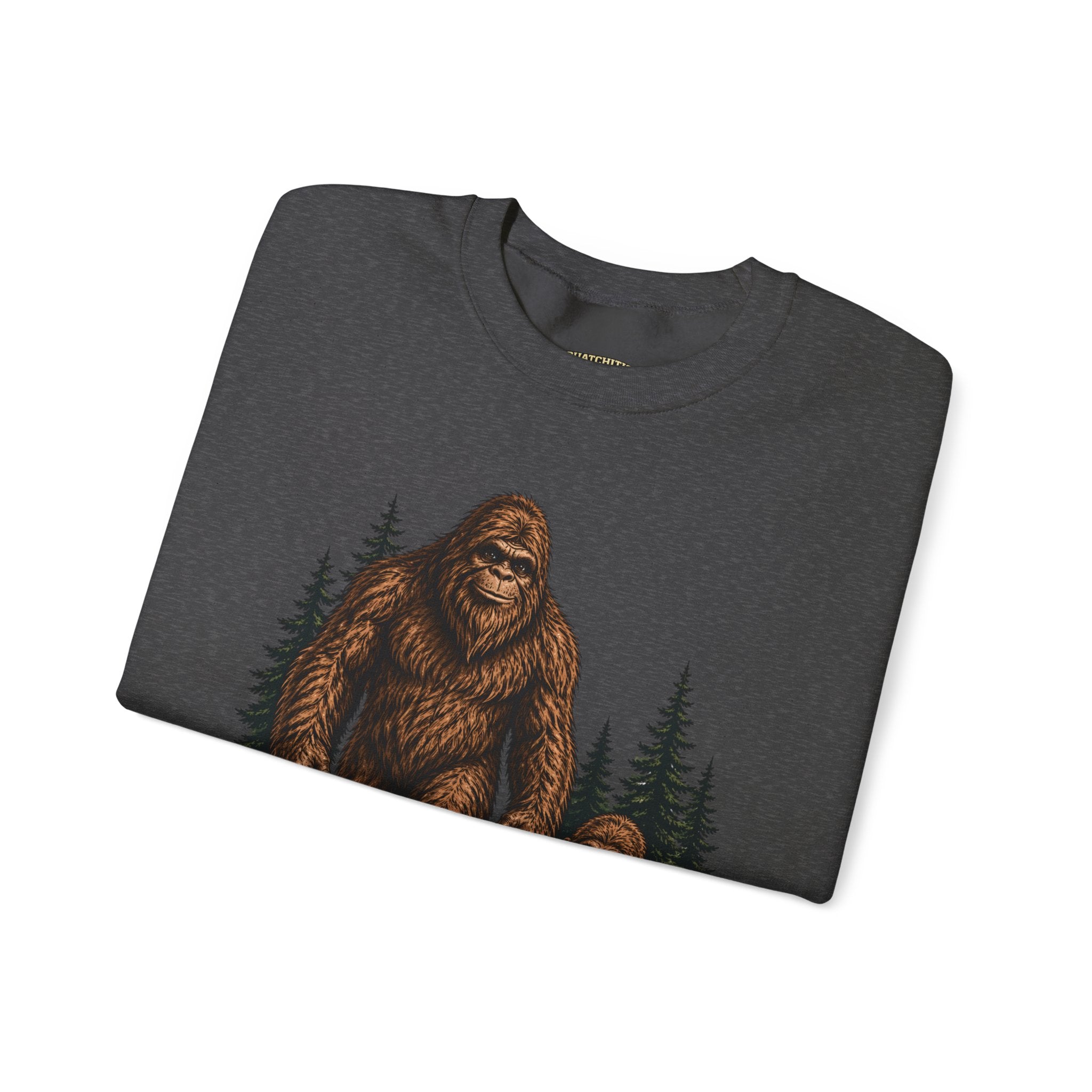 Bigfoot and Boy Walking Through Woods Sweatshirt | Sasquatch Woodland Design